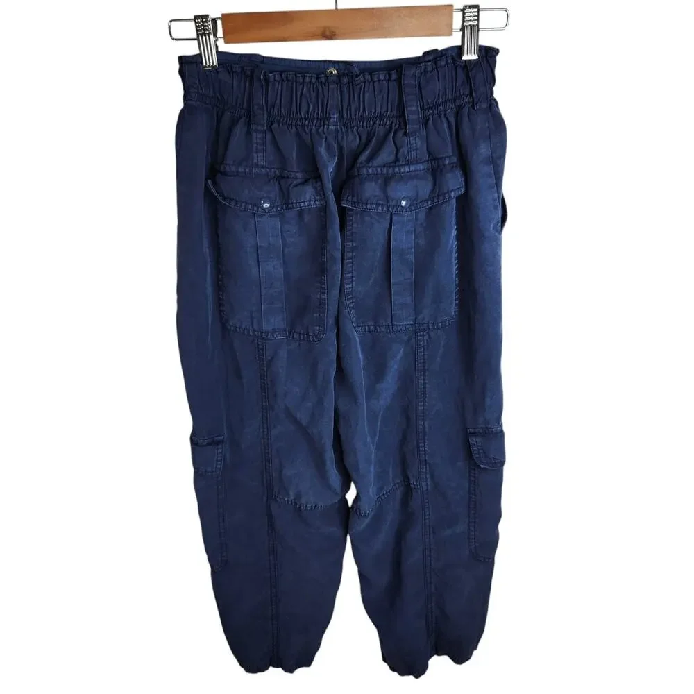 Zara Cropped Cargo Pants Womens Size Small Blue Lyocell Linen‎ Blend Altered Hem